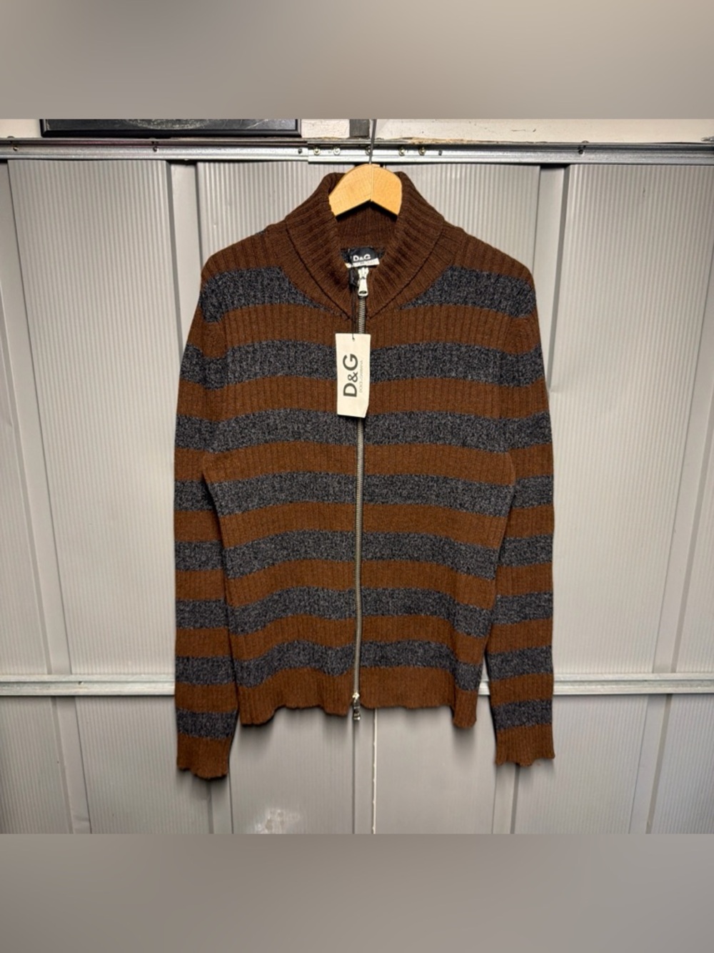 Vintage Dolce And Gabbana Strip Knit Wool Zipper Cardigan Sweater NWT